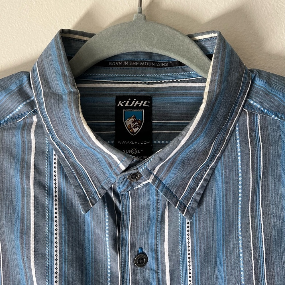 Kuhl Suncel Blue Striped Button Down Cotton Blend Shirt Mens Medium Short Sleeve - Picture 4 of 15